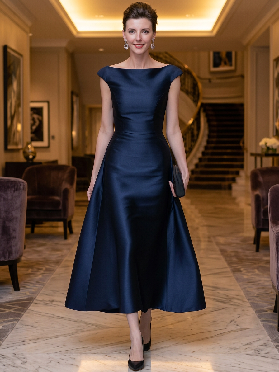 Boat-Neck Cap-Sleeve Midi Dress