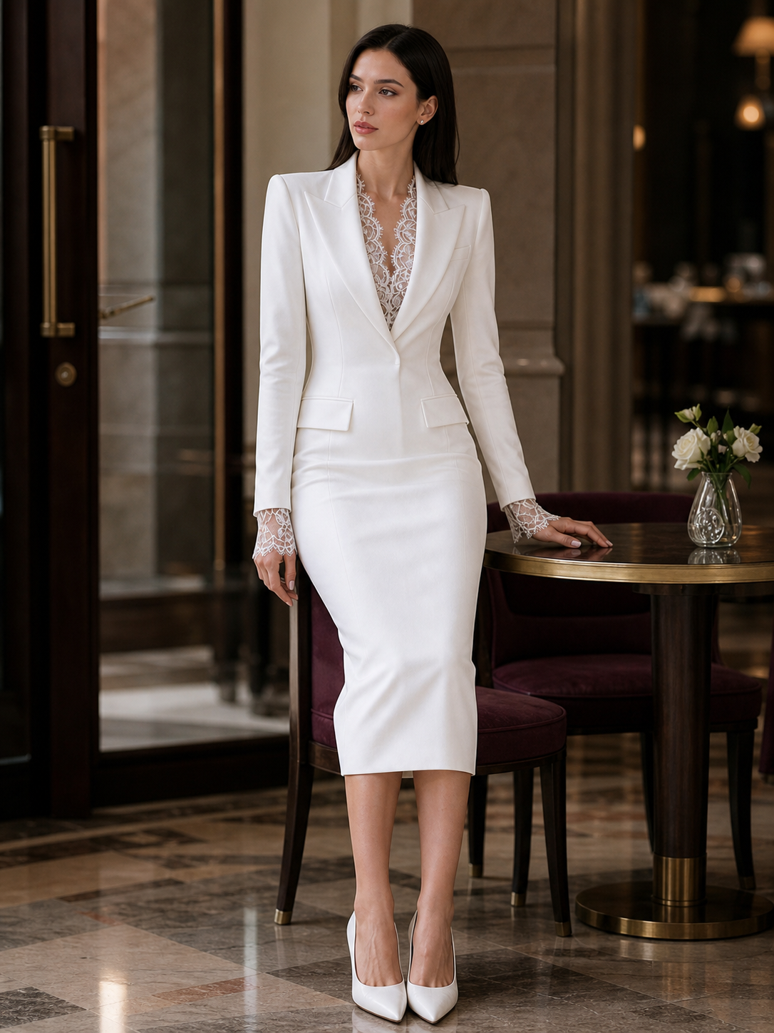 Peak Lapel Lace Insert V Neck Long Lace Cuff White Suit Midi Bodycon Dress