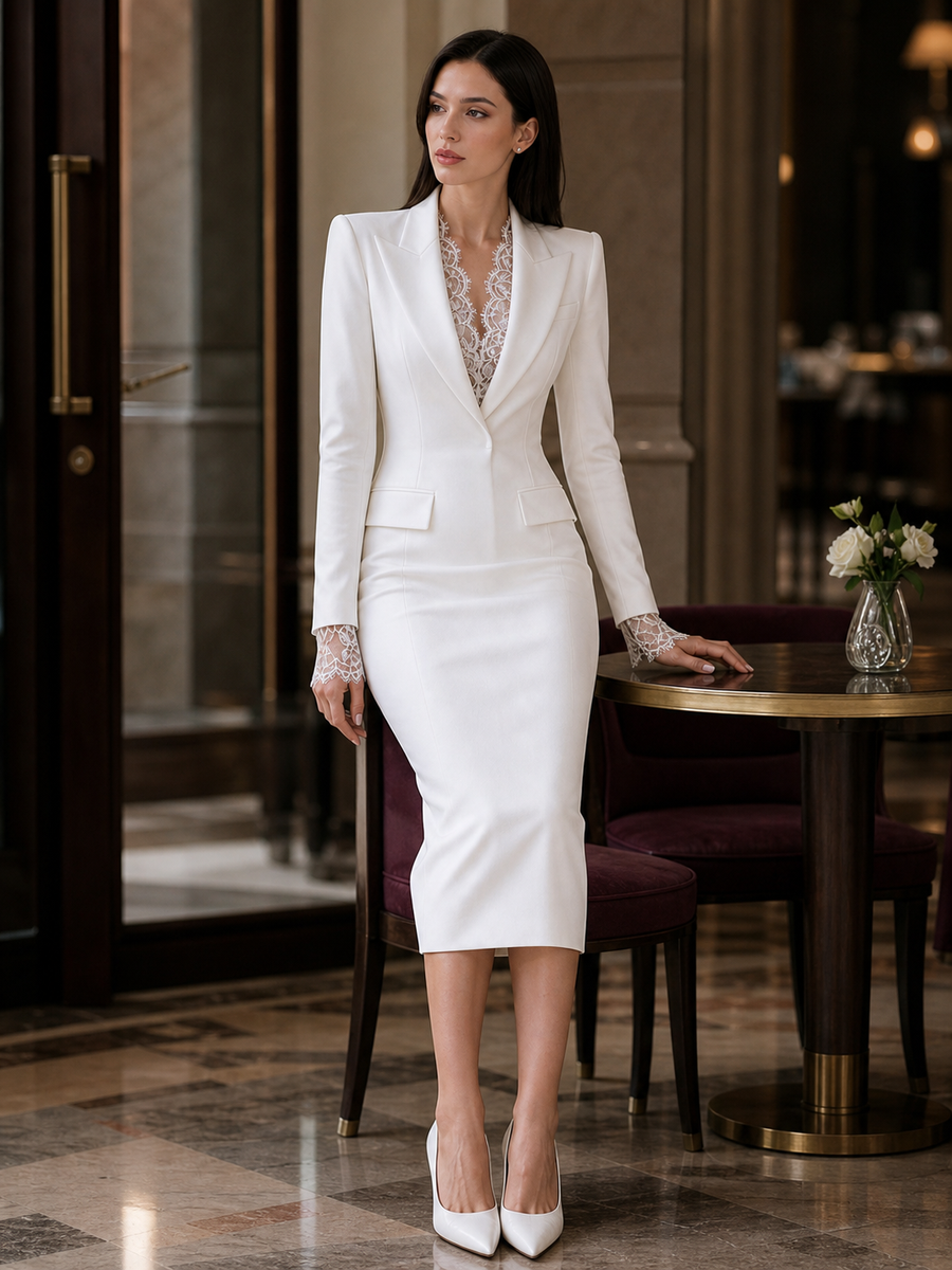 Peak Lapel Lace Insert V Neck Long Lace Cuff White Suit Midi Bodycon Dress