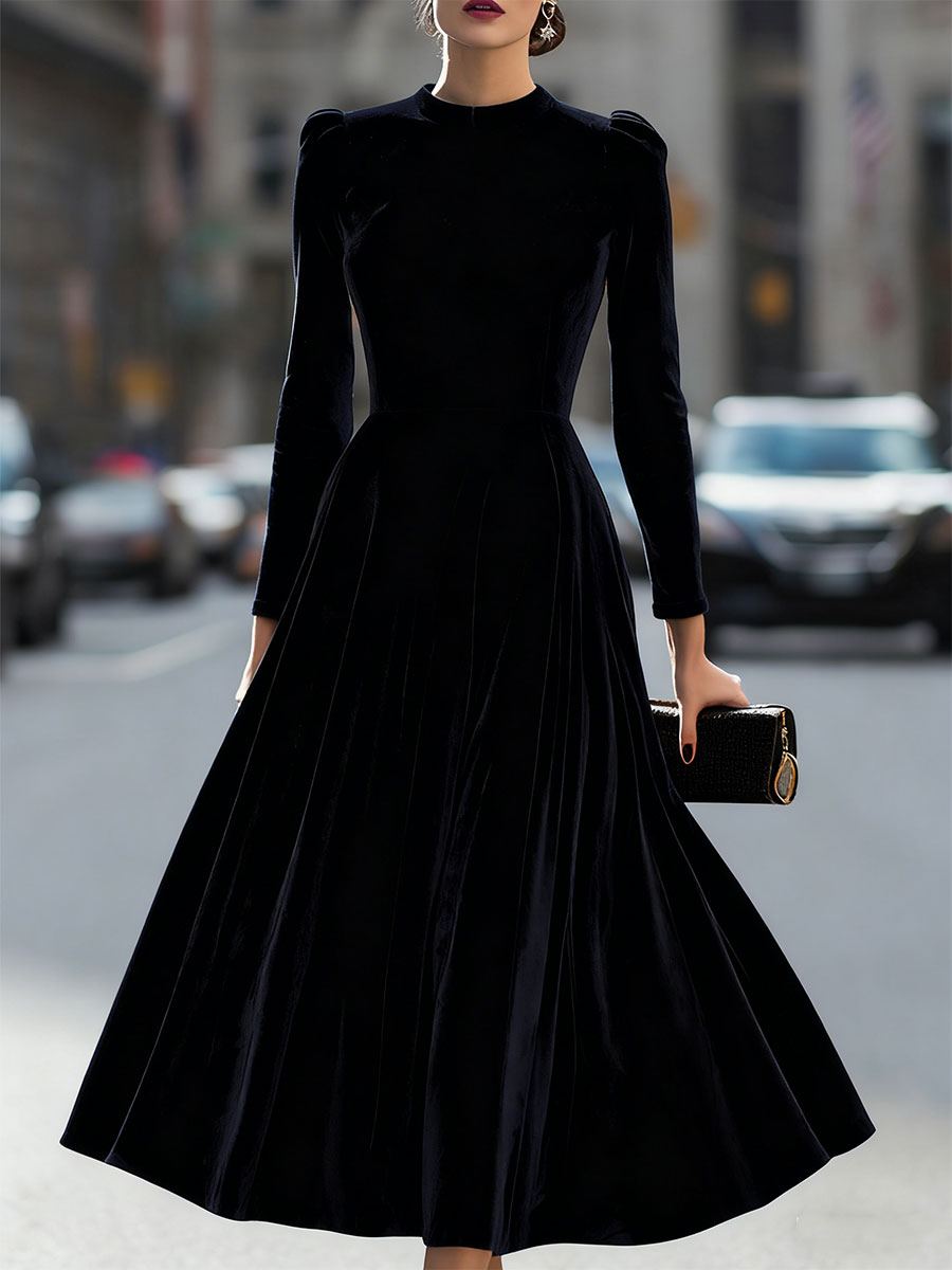 Luxurious   Velvet Long-Sleeve Midi Dress