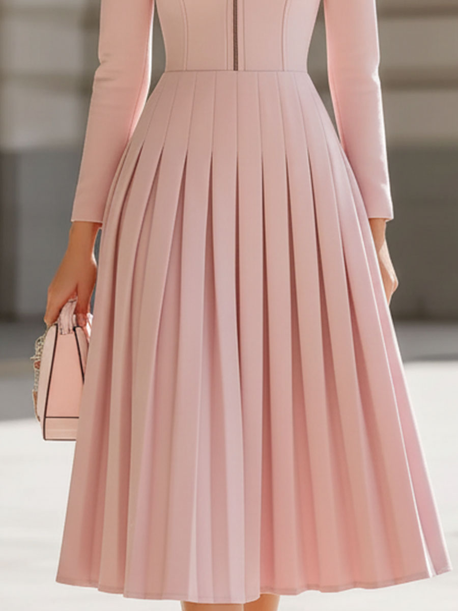 Elegant Blush Pink Pleated Midi Dress With Stand Collar