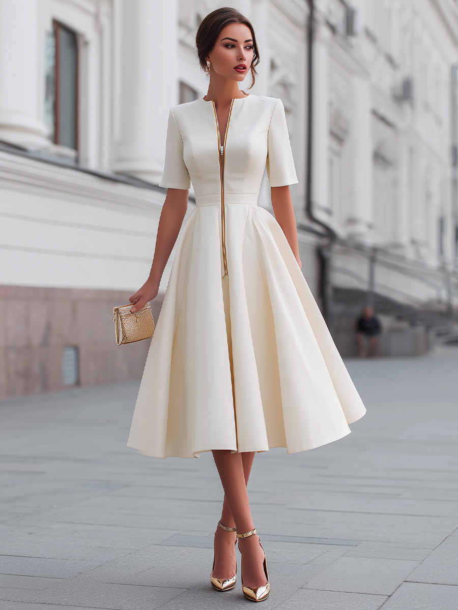 Short Sleeve Zip-Front Fit And Flare Midi Dress