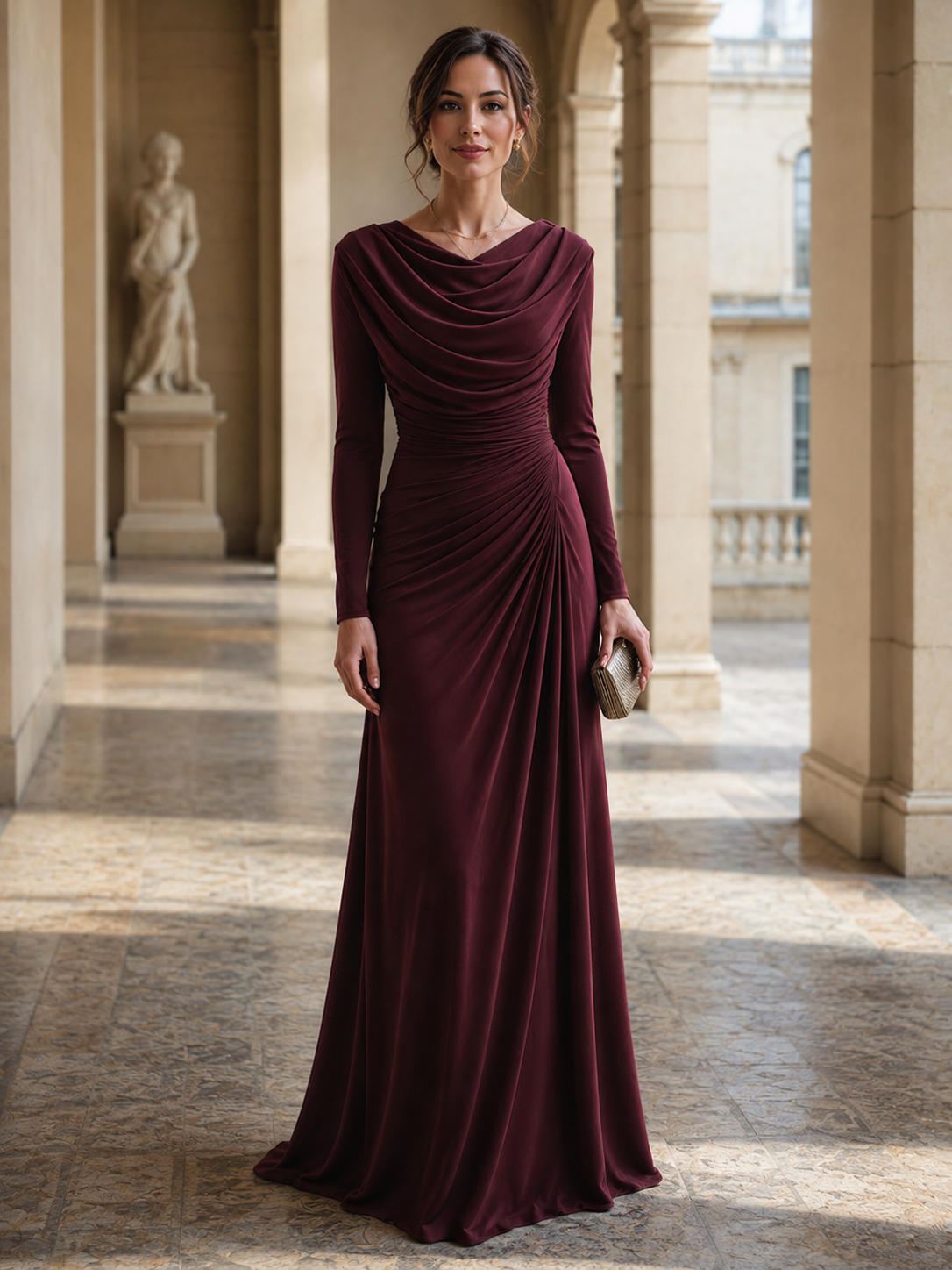 Draped Cowl Neck Ruched Maxi Dress