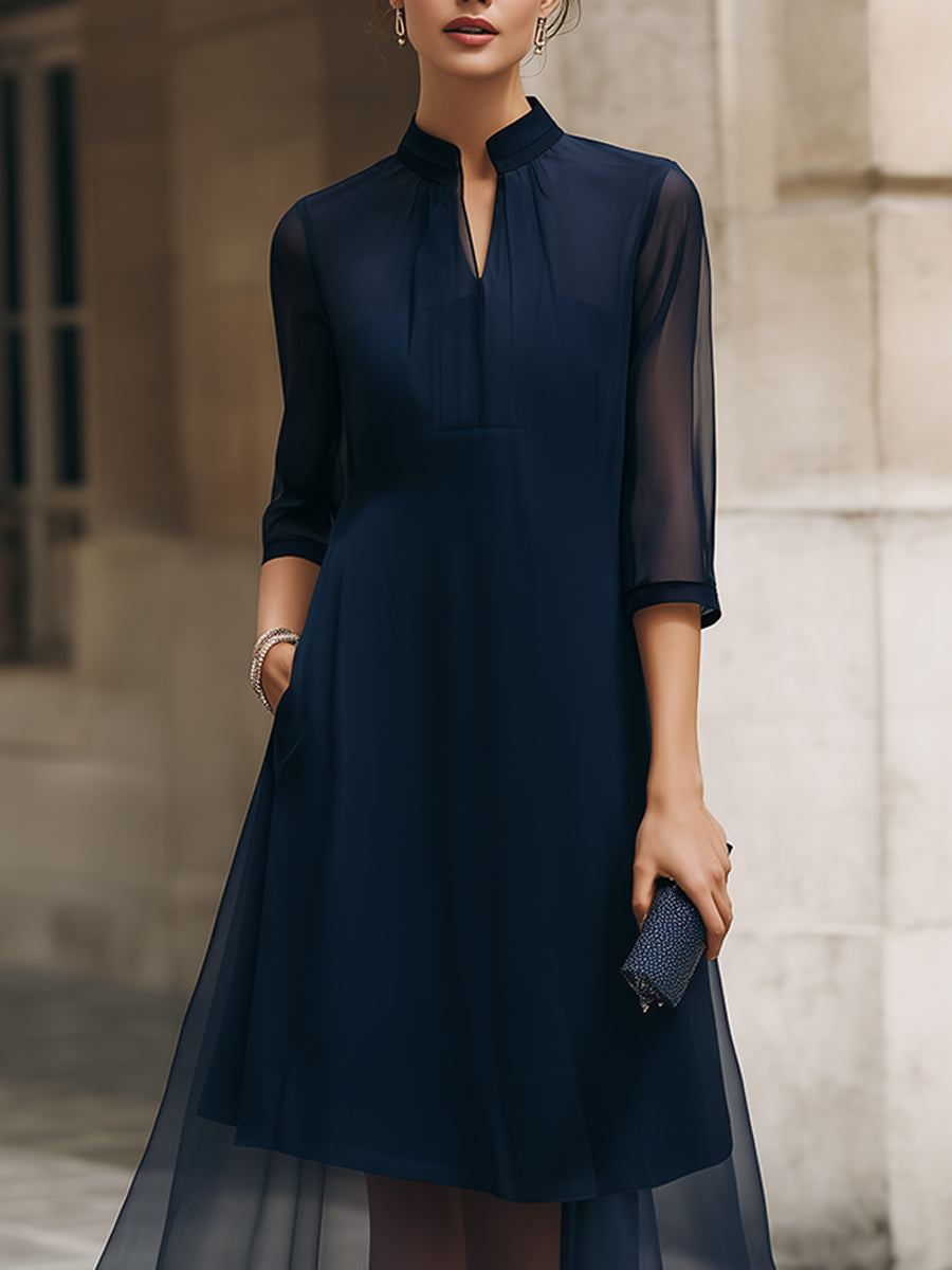 Mandarin Collar Sheer Overlay Midi Dress