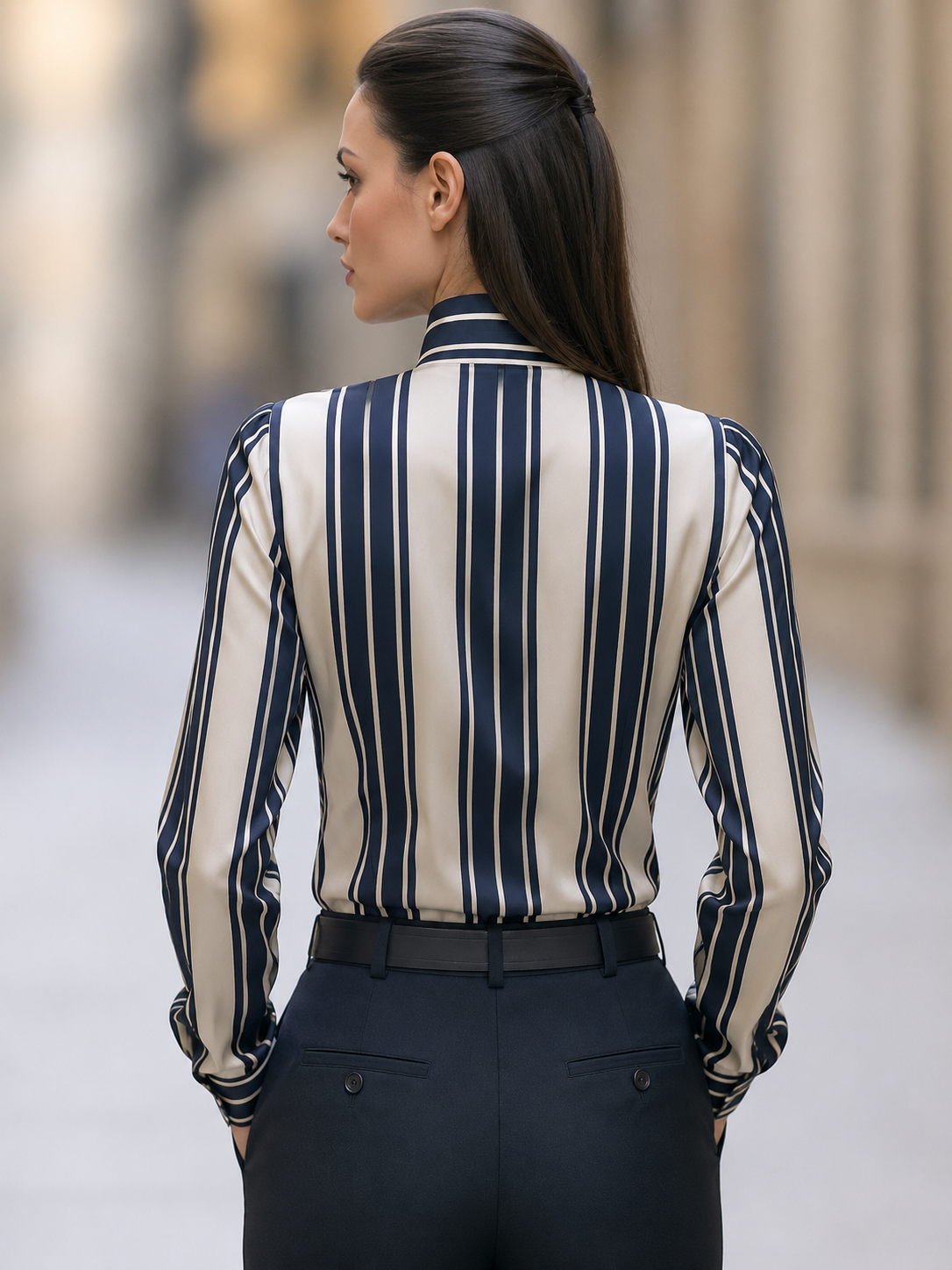Striped Satin High-Neck Blouse