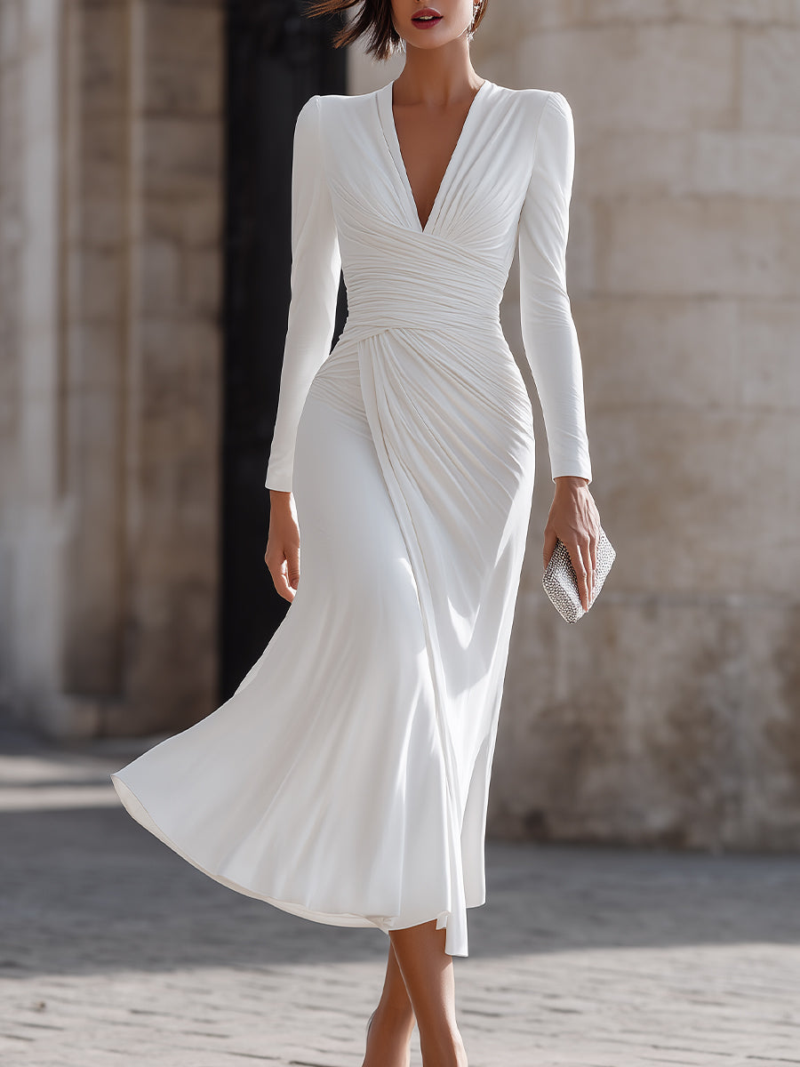 Ruched V-Neck Long Sleeve Midi Dress