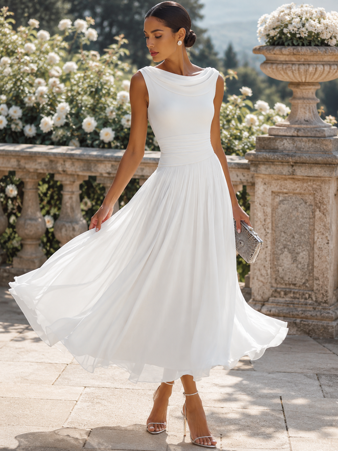 Draped Neck Sleeveless Pleated Midi Dress