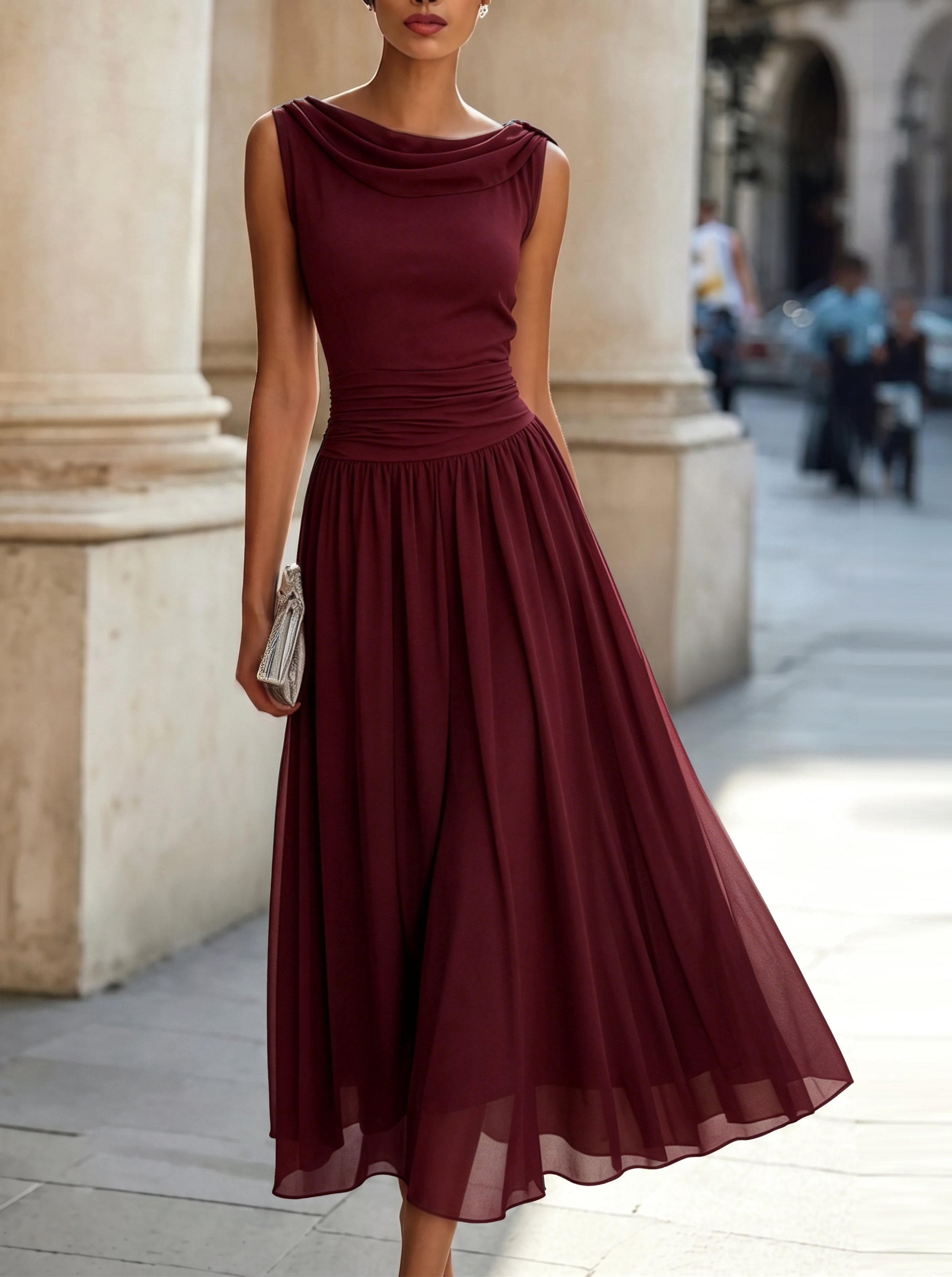 Draped Neck Sleeveless Pleated Midi Dress