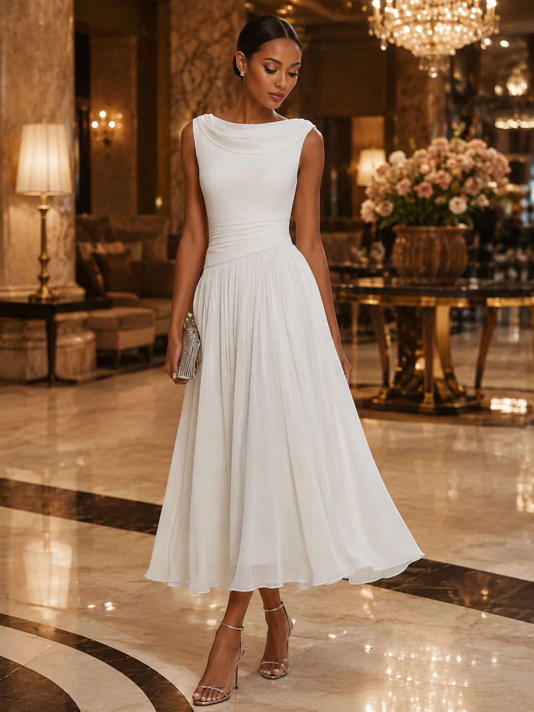 Draped Neck Sleeveless Pleated Midi Dress