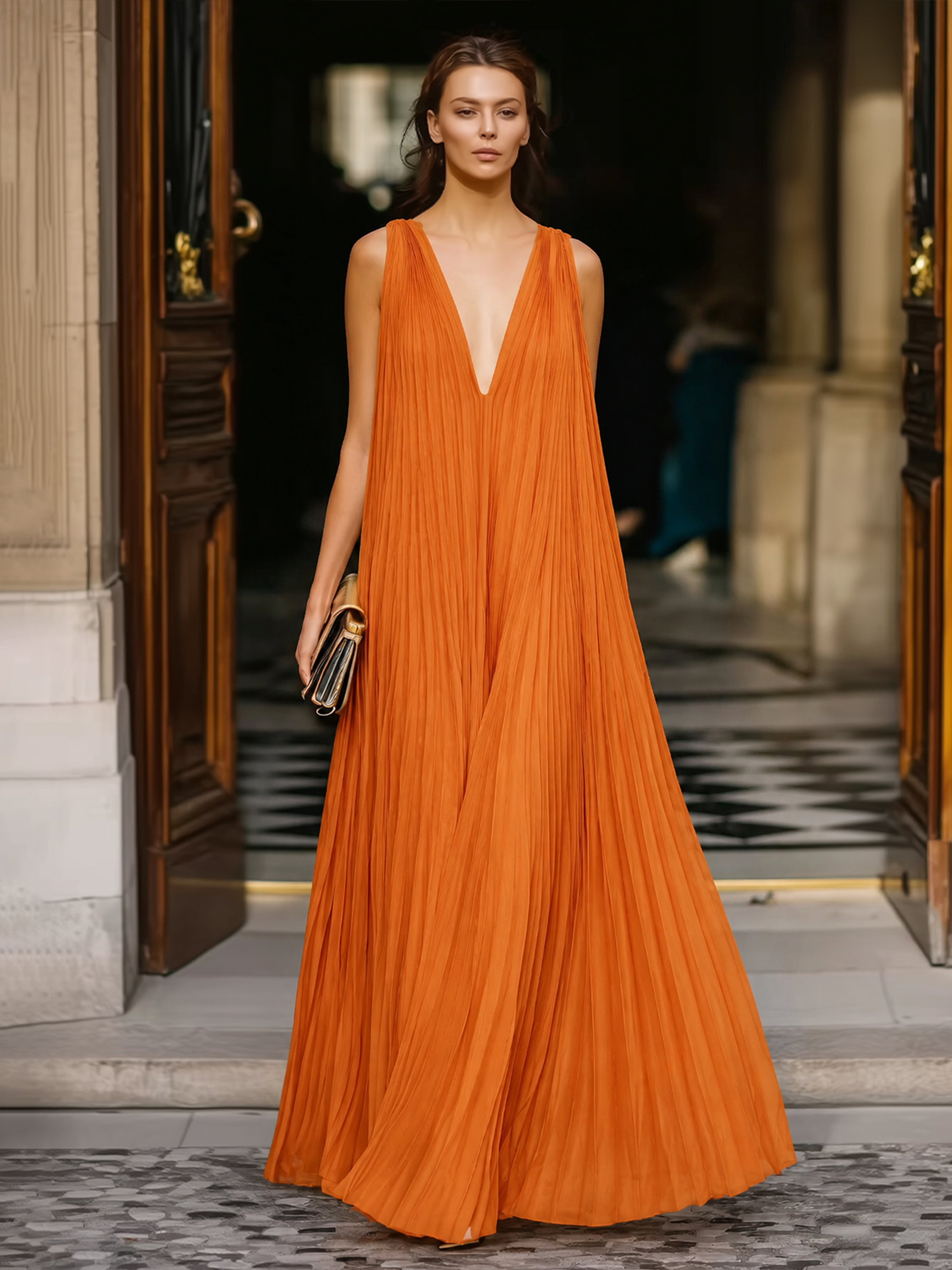 Deep V-Neck Pleated Flowing Maxi Dress