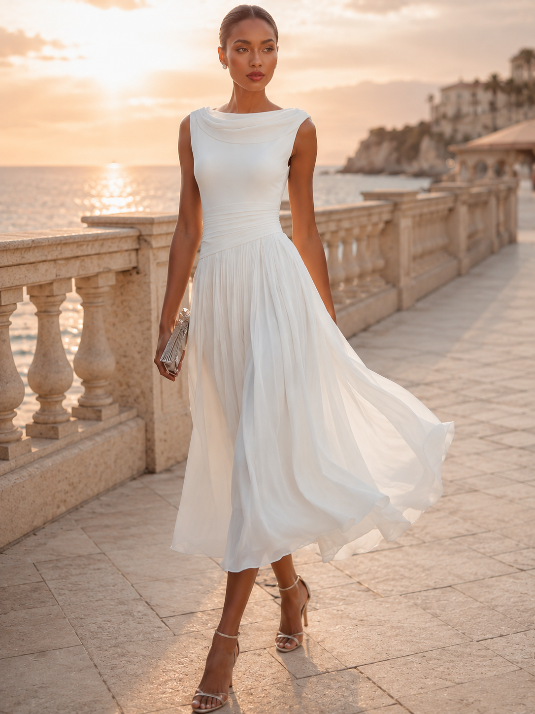 Draped Neck Sleeveless Pleated Midi Dress