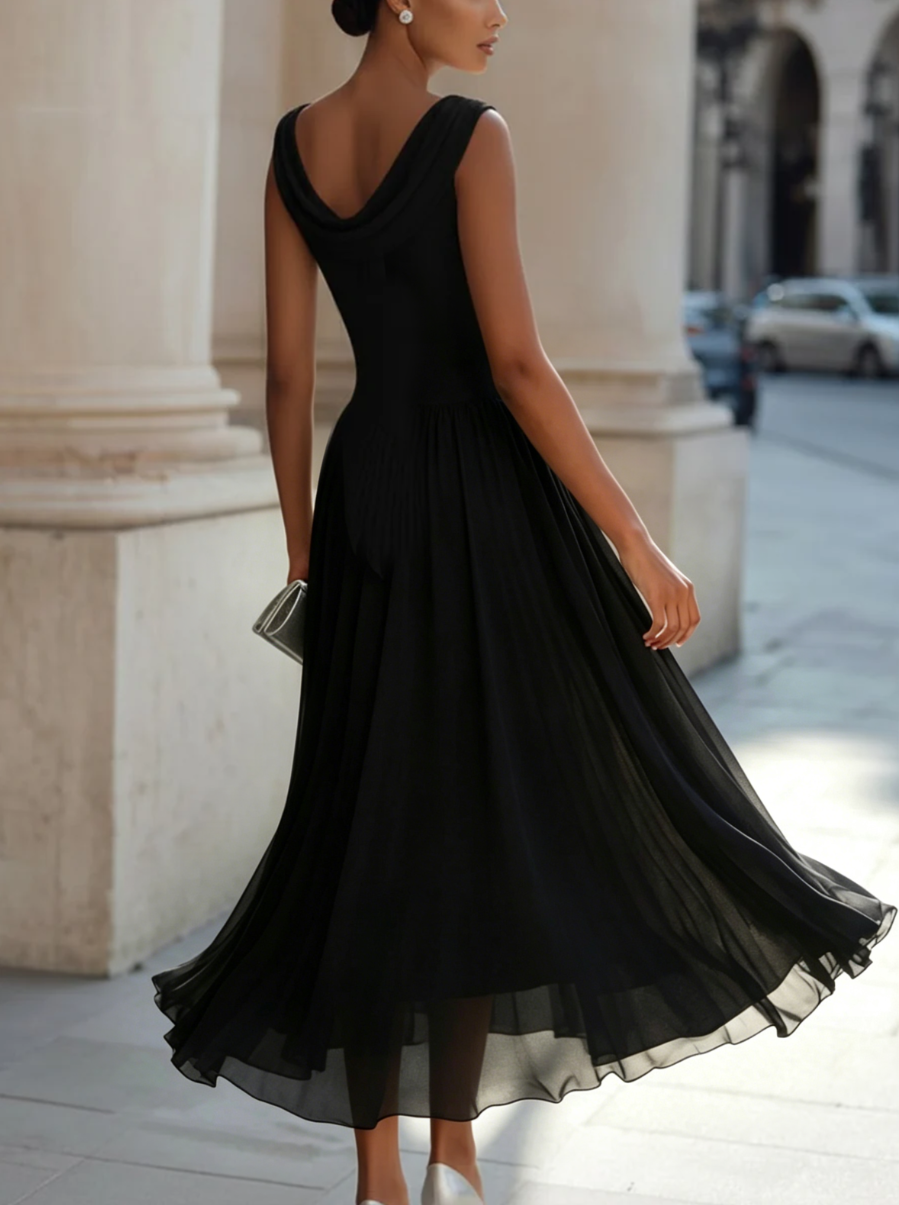 Draped Neck Sleeveless Pleated Midi Dress